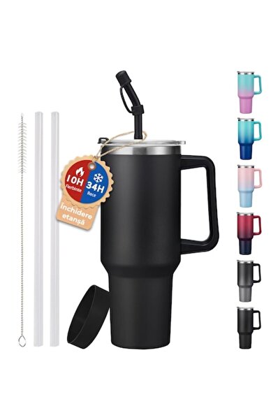 NEXTWAVE Cană termoizolantă NextWave® 1180 ml, inox premium, capac etanș, paie, neagră