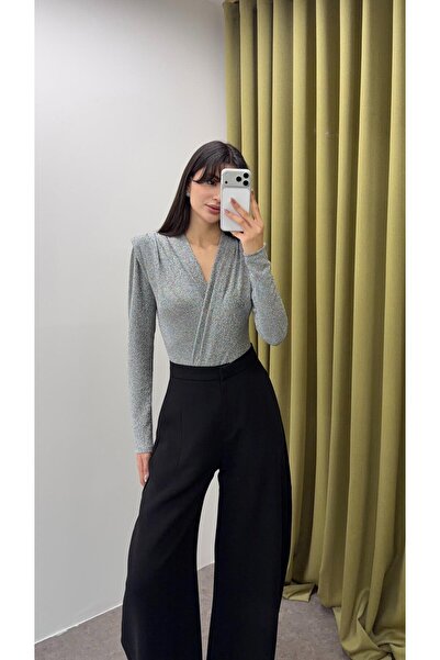 HAZELANNA Double-Breasted Silvery Silver Bodysuit