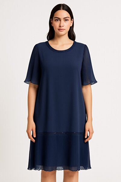 zahı collection Kolu ve Eteği Piliseli Bisiklet Yaka Rahat Kesim Abiye Elbise