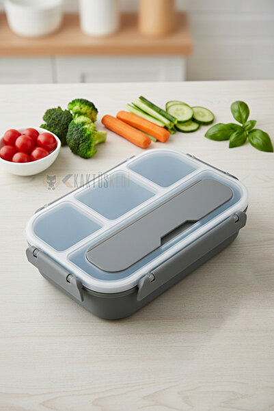 KaktüsKedi حاوية طعام بأربعة أقسام مع شوكة وملعقة - حاوية لتخزين الوجبات