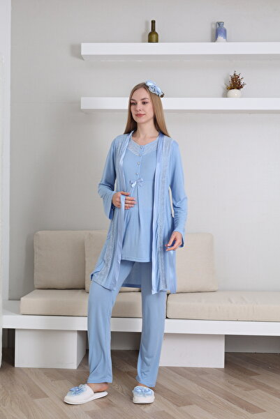 ERDENİZ TEKSTİL Dantel Detaylı Kısa Kollu Hamile Lohusa Pijama Sabahlık Takım...