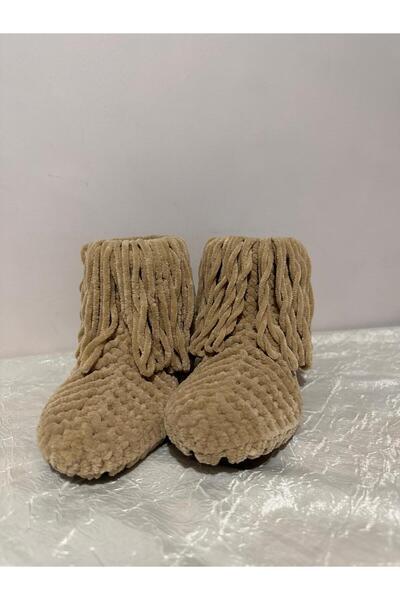 MERUT STYLE HAYATINI RENKLENDİR El örgüsü kadife ip bej püsküllü ev botu panduf