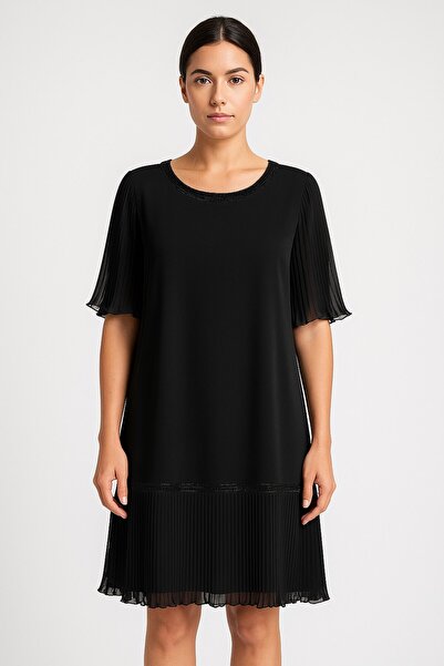 zahı collection Kolu ve Eteği Piliseli Bisiklet Yaka Rahat Kesim Abiye Elbise