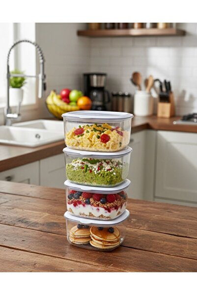 Buğra Home 4-Piece Mica Blue Lid -1000Cc-Square Storage Container