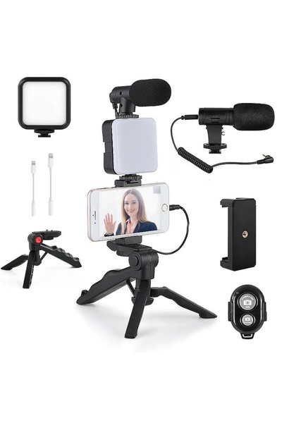 Kit Vlogging pentru iPhone, Android (cu tripod), cu lumina video Mini LED