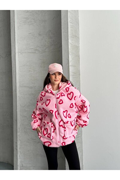 trivvy Kadın Kalp Desenli Kapüşonlu Peluş Çeket