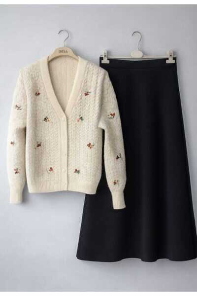 MODA VEDAT Kadın Çiçek Nakışlı Triko Hırkalı Etekli Takım -440