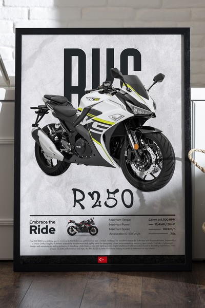 Duvarda RKS R250 Siyah Ahşap Çerçeveli Poster, Dekoratif Motosiklet Duvar Tab...