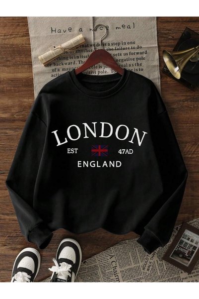 WESTİMO Women's Black London Est Printed Oversized Crew Neck Sweatshirt