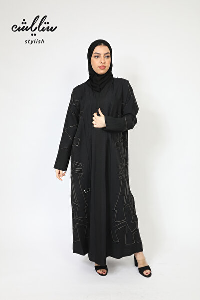 Stylish عباية لف باللون الأسود مطرزة