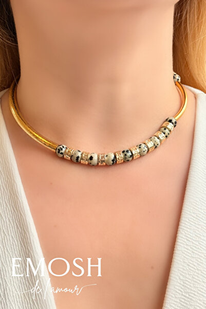 EMOSH de Lamour قلادة من حجر الجاسبر الطبيعي المرقط |   قلادة عصرية ذهبية الل...