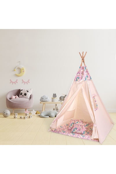 Kidizi Cort copii stil indian Teepee Tent Pink Unicorn, include covoras gros ...