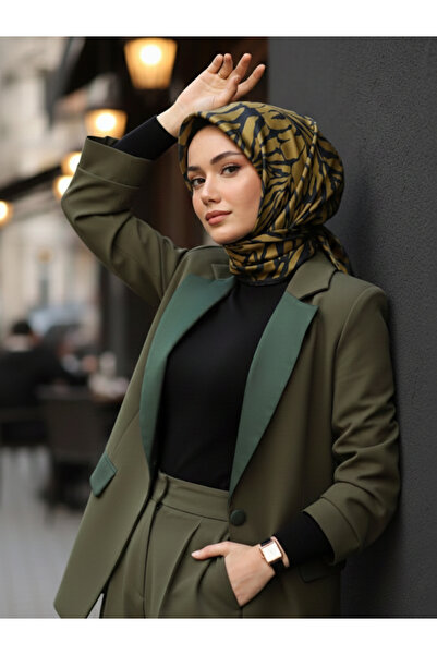 Silk Home Kadın Siyah Yeşil Zebra Desen Twill İpek Eşarp 11443-10