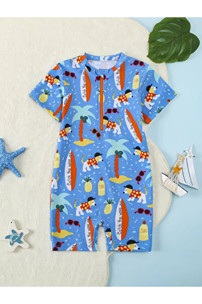MODA Erkek bebek köpek figürlü kısa kollu tulum mayo, fermuarlı tasarımıyla r...