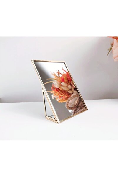 EsaDesign Pirinç Çerçeveli Eğimli Masa Makyaj Aynası - 10x15 cm, Vernikli, Ka...