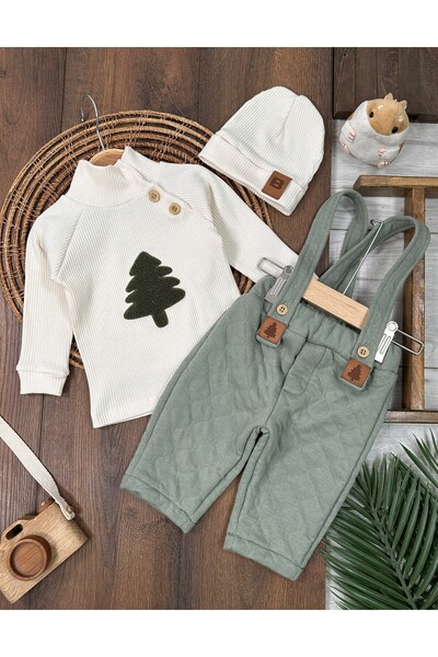 BEBENDY Quilted Salopet Pine Embroidered Beret Turtleneck Badi Winter 3-Piece...