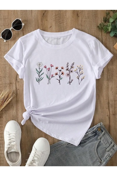 WESTİMO Women's White Flower Garden Printed Oversized T-Shirt
