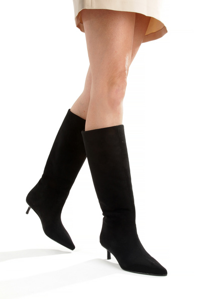 PAYZİN Siyah Süet Çekme Sivri Çizme 5 cm İnce Ökçeli Yeni Sezon