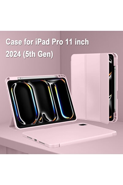 Generic iPad Pro 12.9 Case (2018–2022) with Apple Pencil 2 Holder - Magnetic Trifold Stand Cover (Pink)