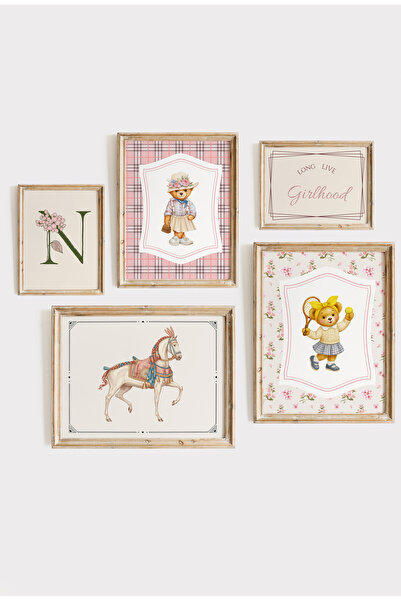 leilart Pembe Ekose vintage Teddy bear 5'li Galeri Duvarı Seti - Nostaljik Çocuk Odası Tabloları çerçeveli