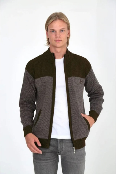 Kokosh moda Men's Zippered Knitwear Cardigan with High Collar, Pockets, Casual Stylish Comfortable Fit Knitwear - Brown