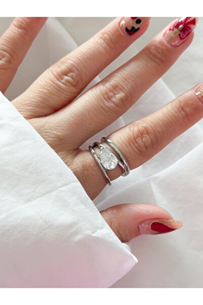 CHARMLUCKY Steel Baguette Stone Ring (Adjustable)