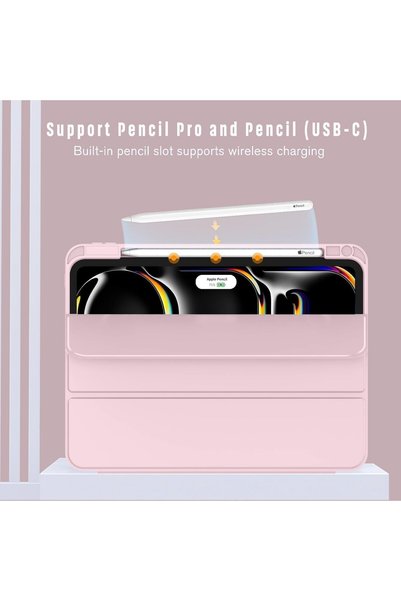 Generic iPad Air 13-inch Case 2024 with Pencil Holder, Slim Magnetic Trifold Stand (Pink)