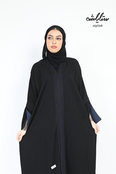 Stylish عباية لف باللون الأسود بدانتيل على الاكمام تحديد كحلي