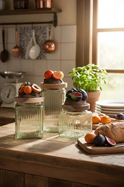 Handan UZUNOĞLU Wooden Vacuum Lid Glass 3-Piece Jar Set