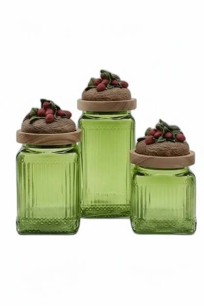 Handan UZUNOĞLU Ahşap Vakum Kapaklı Cam 3'lü Kavanoz Seti Çilek