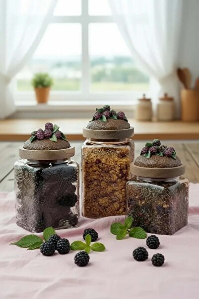 Handan UZUNOĞLU طقم برطمانات زجاجية خشبية مفرغة الهواء مكونة من 3 قطع باللون ...