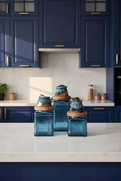 Handan UZUNOĞLU Ahşap Vakum Kapaklı Cam Çay Kahve Şeker 3’lü Kavanoz Seti