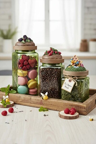 Handan UZUNOĞLU طقم برطمانات زجاجية خشبية مفرغة الهواء مكون من 3 قطع