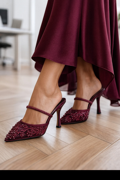 GUİZ Kadın Taşlı Bordo Gelin Kına Topuklu Ayakkabı