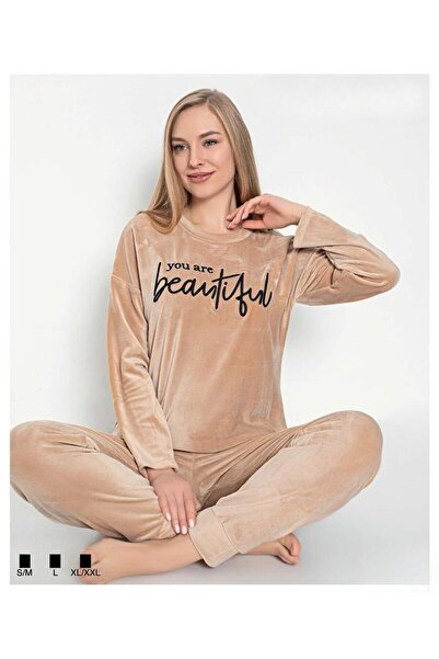 İpek طقم بيجامة نسائي مخملي سادة بأكمام طويلة وياقة دائرية