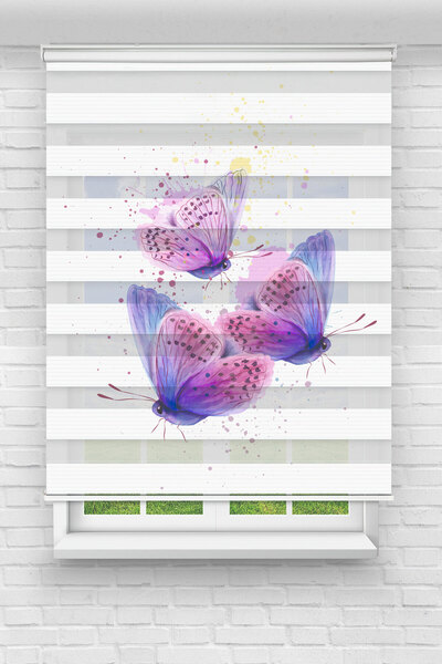 Perdecizade (ENXBOY)MOR KELEBEKLER DİJİTAL BASKILI ZEBRA PERDE-COCUK ODASI-ST...