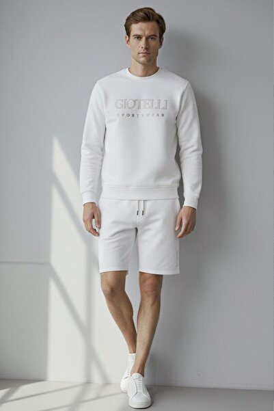 Sabri Özel Giotelli Ecru Regular Fit Cotton Crew Neck Shorts Tracksuit Set