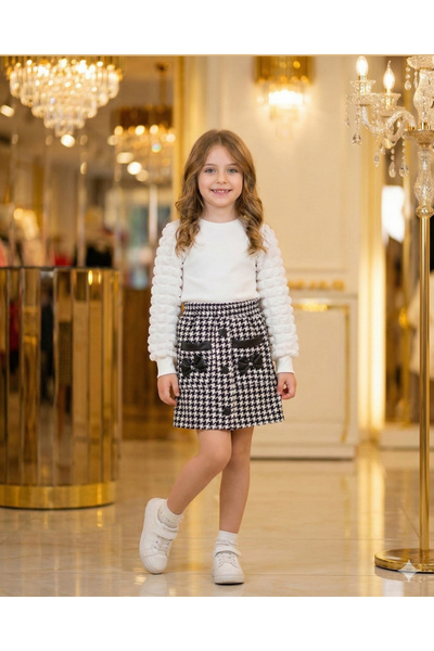 Asliva fashion Asliva Girl's Embossed Sleeves White Blouse and Houndstooth Pattern Leather Pocket Skirt Set 3-7 Years Old