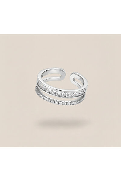 Lune Design Silver Color Double Row Zircon Stone Baguette Model Adjustable Ring