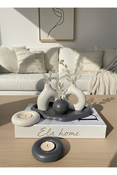 ELASİBEL HOME Minimal Dekoratif Antrasit Vazo seti Tealight Mumluklu 10 cm va...