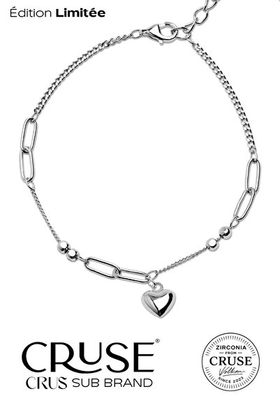 Cruse 925 Ayar Gümüş Saf Kalp Modern Zincir Bileklik 18 Ayar Beyaz Altın Kaplama