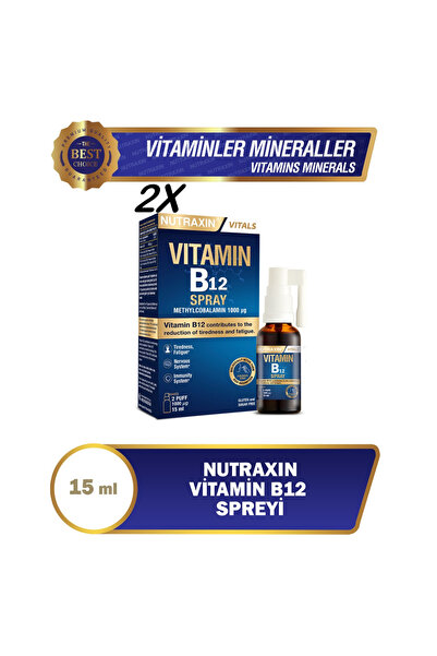 Nutraxin Vitamin B12 Sprey 2x15 ml (Metilkobalamin Formlu, Vegan, Hızlı Emili...