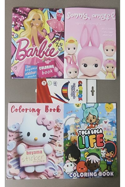 ada çanta kırtasiye 4 adet stickerli boyama kitabı ve 12'li kuru boya kalemi ...