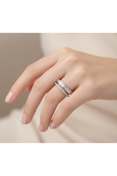 Lune Design Silver Color Double Row Zircon Stone Baguette Model Adjustable Ring