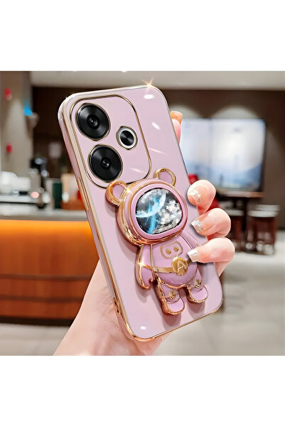 AKSEFİZZ Xiaomi Redmi 13 4G Uyumlu Akışkan Sıvılı Simli Yıldızlı Ayıcık Astronot Standlı Kılıf