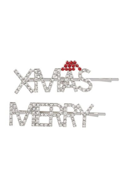 OEM Christmas Hair Clips with Rhinestones Silver "Merry Xmas" 7cm - 2pcs