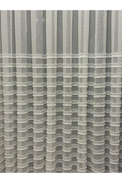 PEREN HOME Şerit Ponpon Tül Perde 1e3 Sık Pile Modern & Şık Desen Keten - Ekru