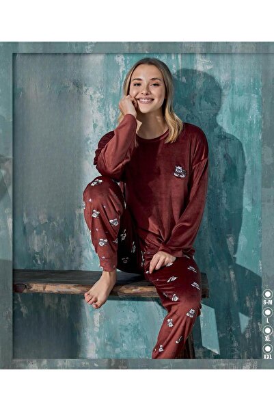 İpek Set de pijamale din catifea cu mâneci lungi guler rotund pentru femei