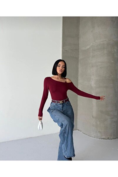 charme butik Asymmetrical Neckline Accessory Detail Shoulder Strap Long Sleeve Diver Blouse