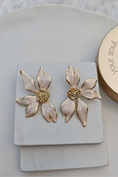 KYOLA DESİGN Beyaz Sedefli Büyük Çiçek Gold Kadın Küpe (6cm)